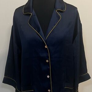 NWT Nordstrom Chelsea Navy Satin Pajama Set 2pc Button Front Medium